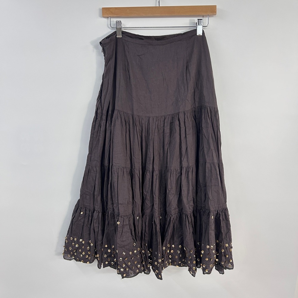 Boho Tiered Midi Skirt Small Earthy Brown Cotton Gold Sequin Fairycore Festival - Picture 5 of 10